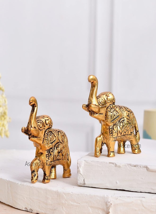 أسينشين مجموعة من تمثالين معدنيين على شكل فيل بخرطوم مرفوع، قطع ديكور فنغ شوي فاستو لجلب الحظ للمنزل وغرفة المعيشة والمكتب وسطح المكتب، تمثال حيواني عتيق، مجموعة فيل للعرض (ذهبي) - Image 3